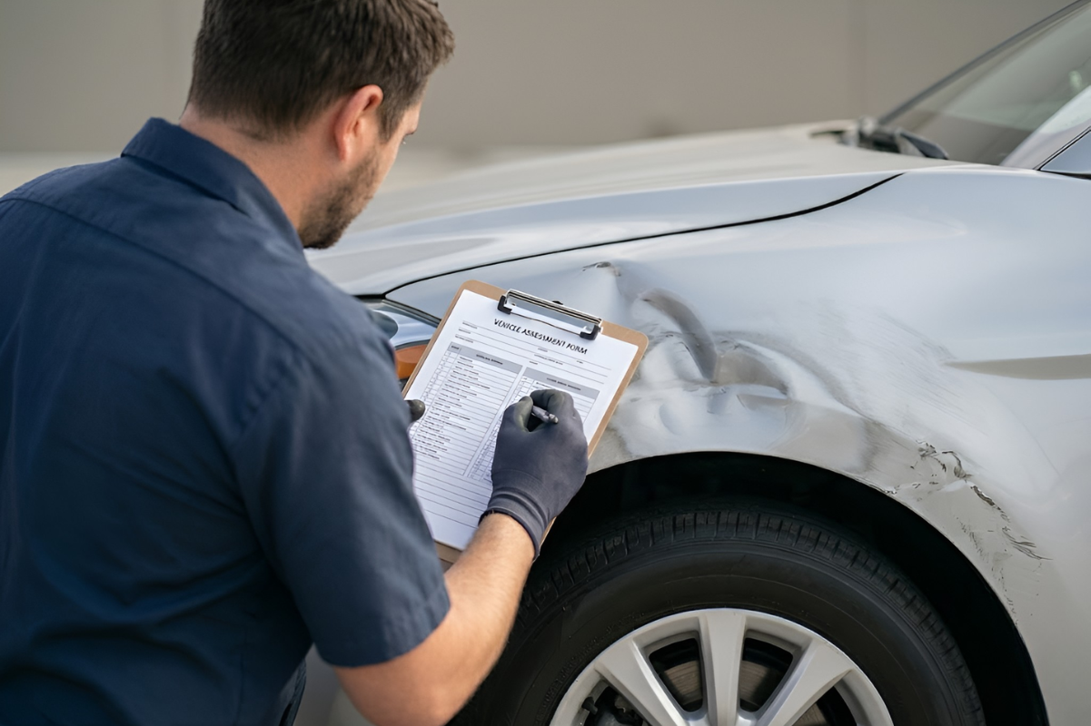 Technician inspecting fender damage before repair at Kirchner Collision & Repair in Decorah, IA