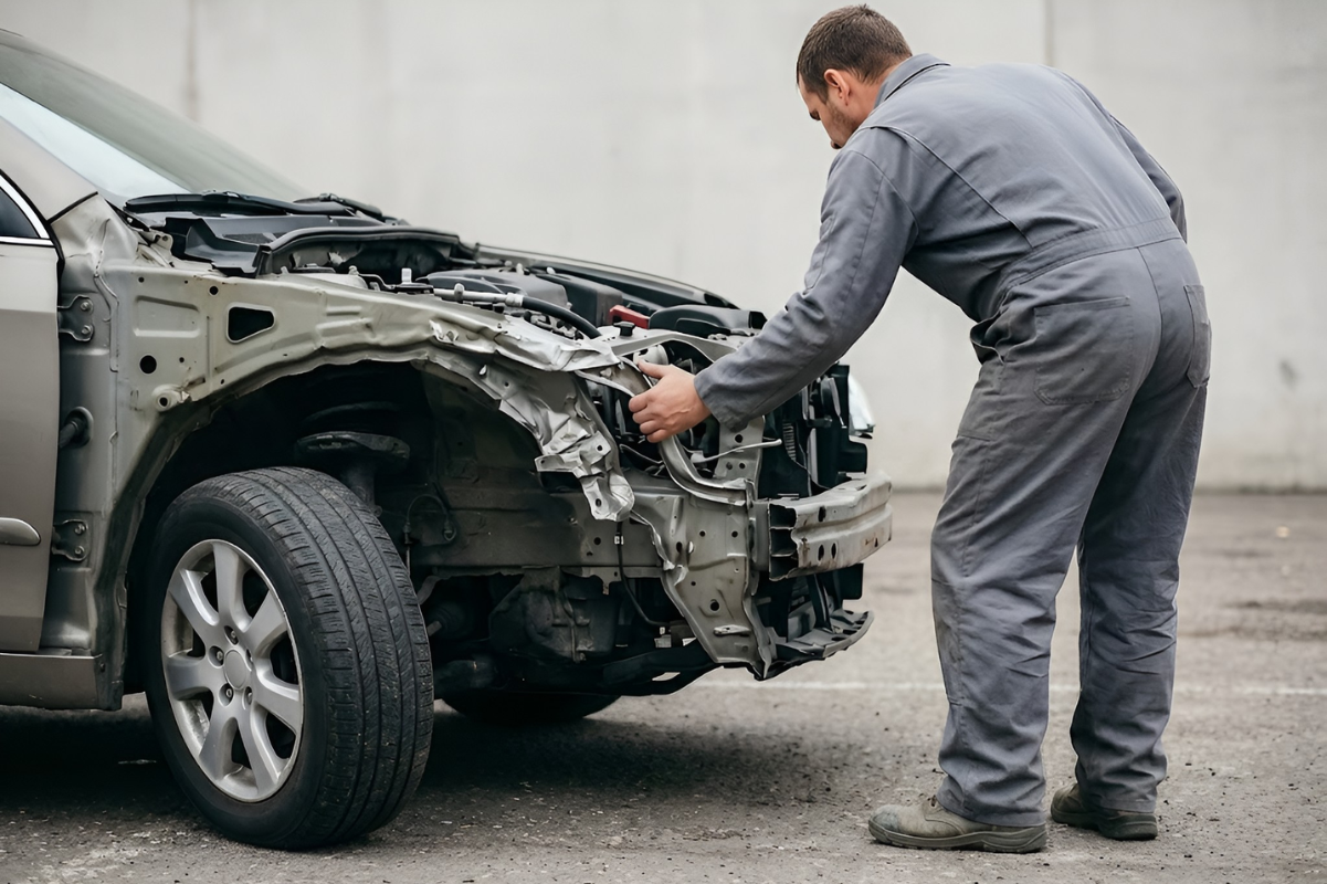 frame-straightening-decorah-ia-kirchner-collision-repair.jpg Technician inspecting collision-related frame damage before frame straightening at Kirchner Collision & Repair in Decorah, IA