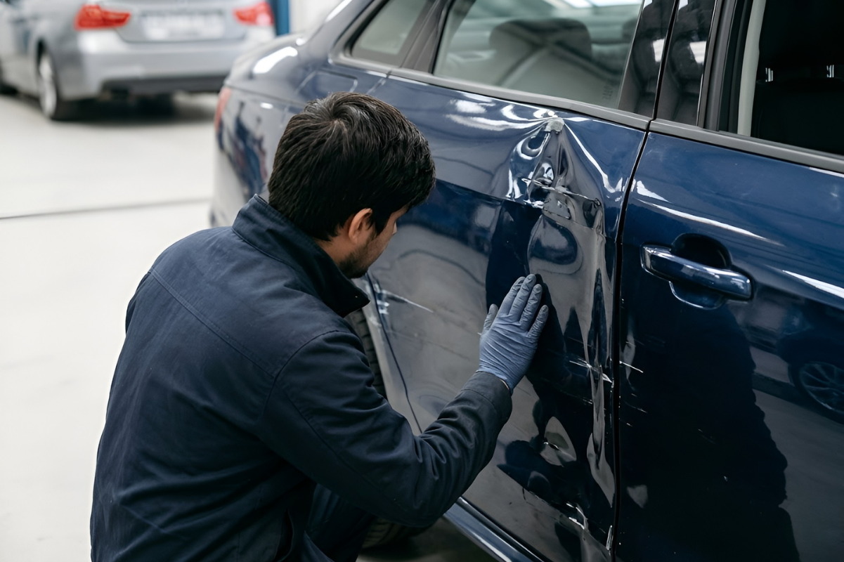 Technician inspecting collision damage on a vehicle for a free collision estimate at Kirchner Collision & Repair in Decorah, IA.