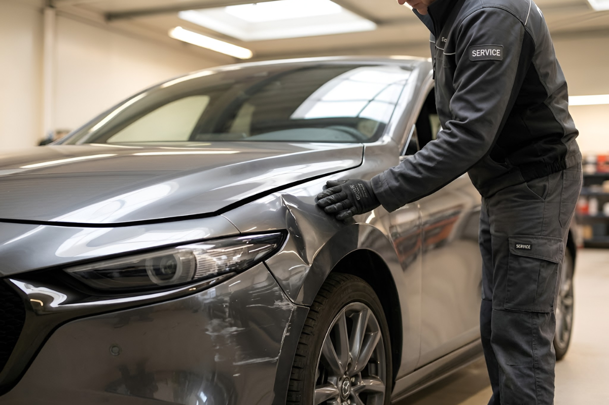 Technician inspecting collision damage during accident damage repair at Kirchner Collision & Repair in Decorah, IA