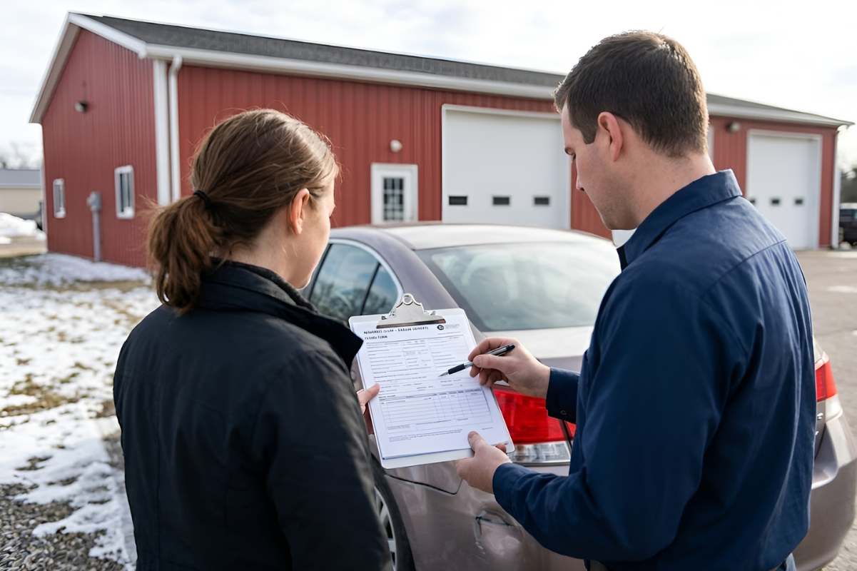 Customer reviewing insurance claim paperwork with a Kirchner Collision & Repair representative outside the collision repair facility in Decorah, IA