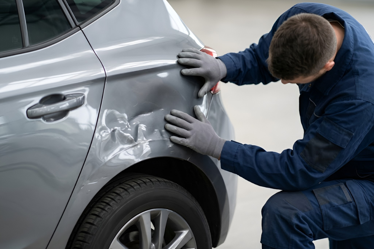 quarter-panel-repair-kirchner-collision-decorah-ia.jpg Technician inspecting quarter panel damage near the rear wheel during quarter panel repair at Kirchner Collision & Repair in Decorah, IA